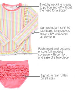 Rainbow Stripe Ruffle Long Sleeve Rash Guard Bikini